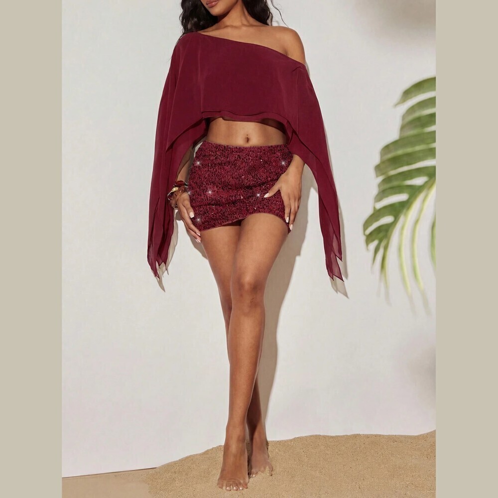 Burgundy One Shoulder Handkerchief Asymmetric Hem Sheer Crop Top